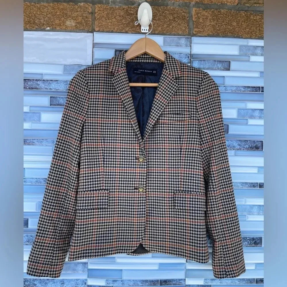 zara check gingham blazer jacket button size XS